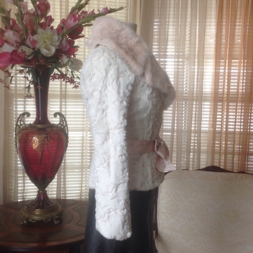 Bebe Rare White and Pink Genuine Rabbit Fur Jacket - Picture 2 of 8